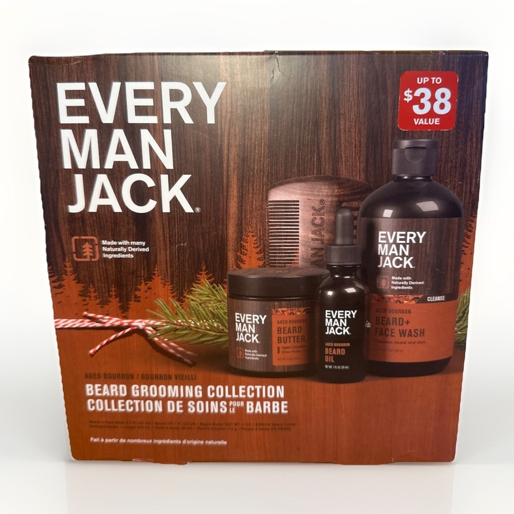Every Man Jack Beard Grooming Collection Aged Bourbon Oil Wash Butter Kit Comb